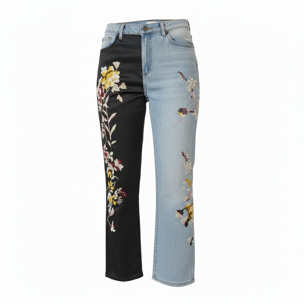 Statement Designer Embroidered Floral Jeans  Black & Light Blue Size 30
